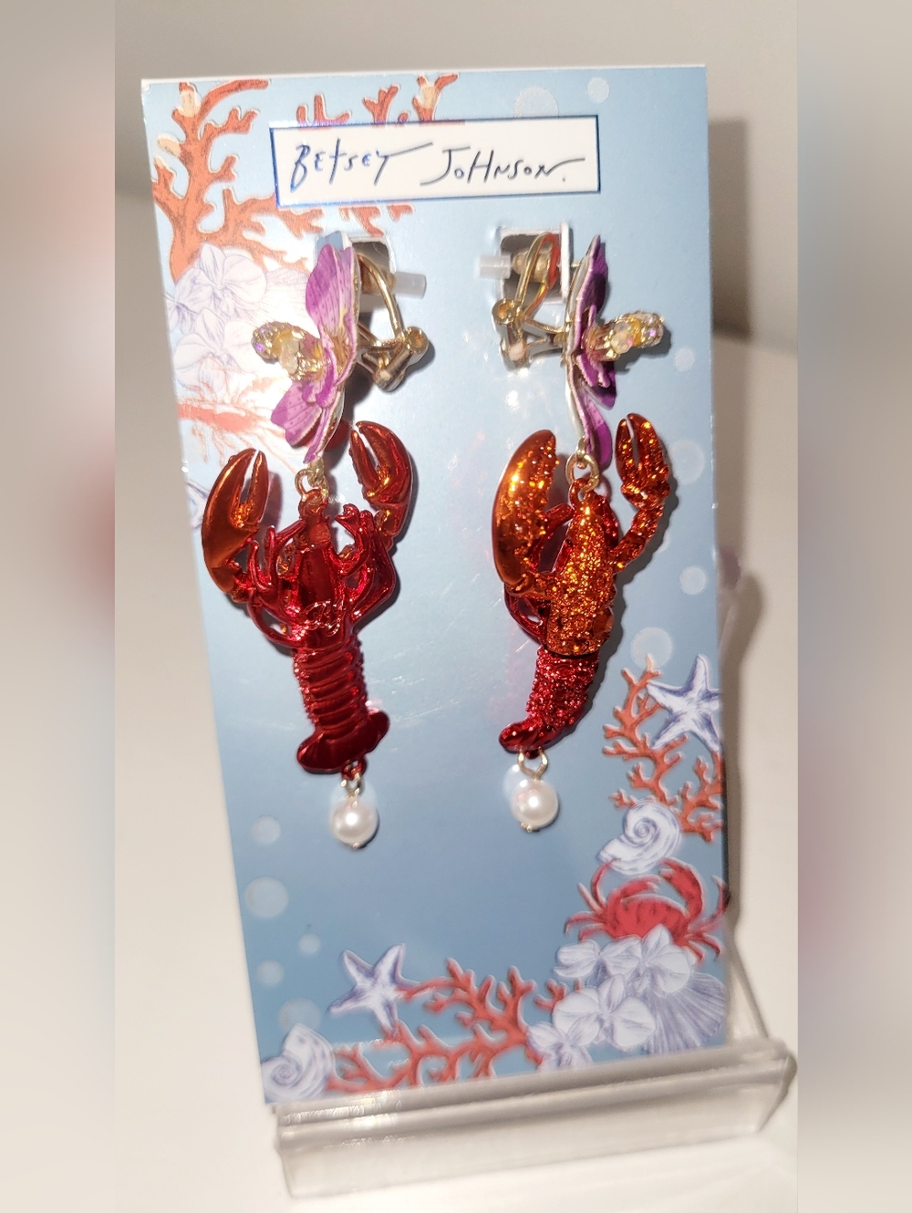 SOLD!!!!! Betsey Johnson Metallic Red Lobster Pearl Drop Clip-On Earrings - Picture 2 of 3